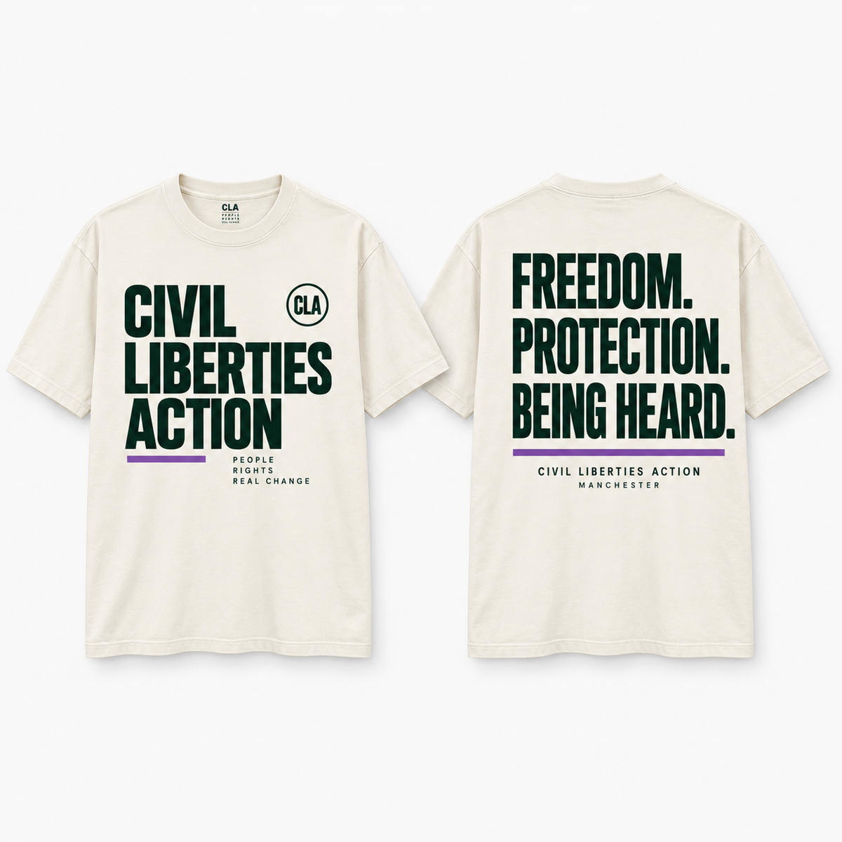 Civil Liberties Action core T-shirt, front and back