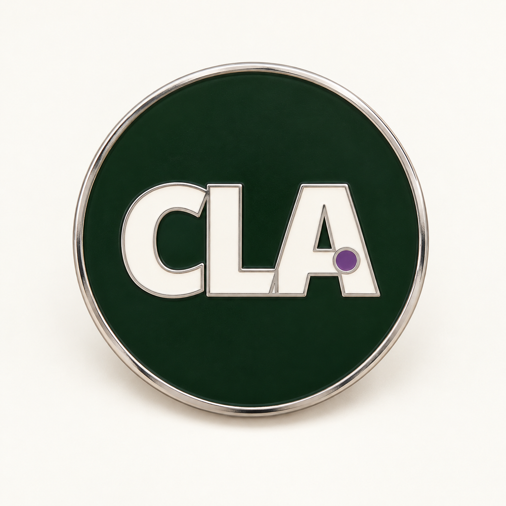 Digital mock-up: front view of the CLA enamel pin in forest green, off-white and purple with nickel detailing.