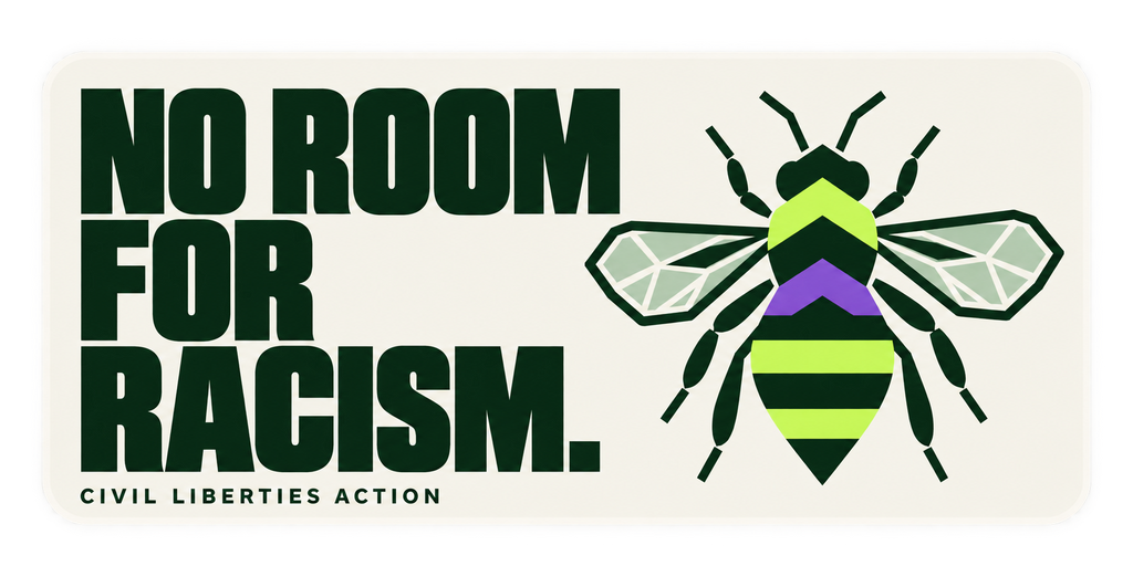 No Room for Racism. Civil Liberties Action sticker with a geometric bee.