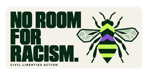 No Room for Racism. Civil Liberties Action sticker with a geometric bee.