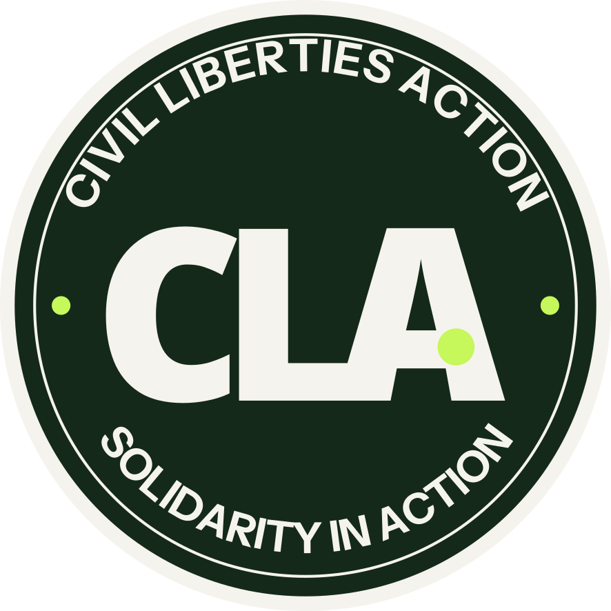 Round Civil Liberties Action sticker with the CLA mark and Solidarity in Action wording.
